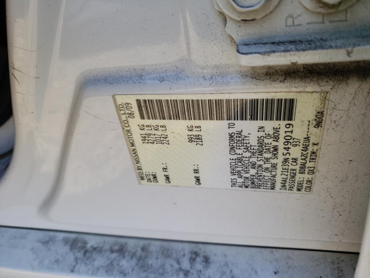 Photo 10 from auction – 2009 NISSAN ALTIMA 2.5 with VIN 1N4AL21E39N549019