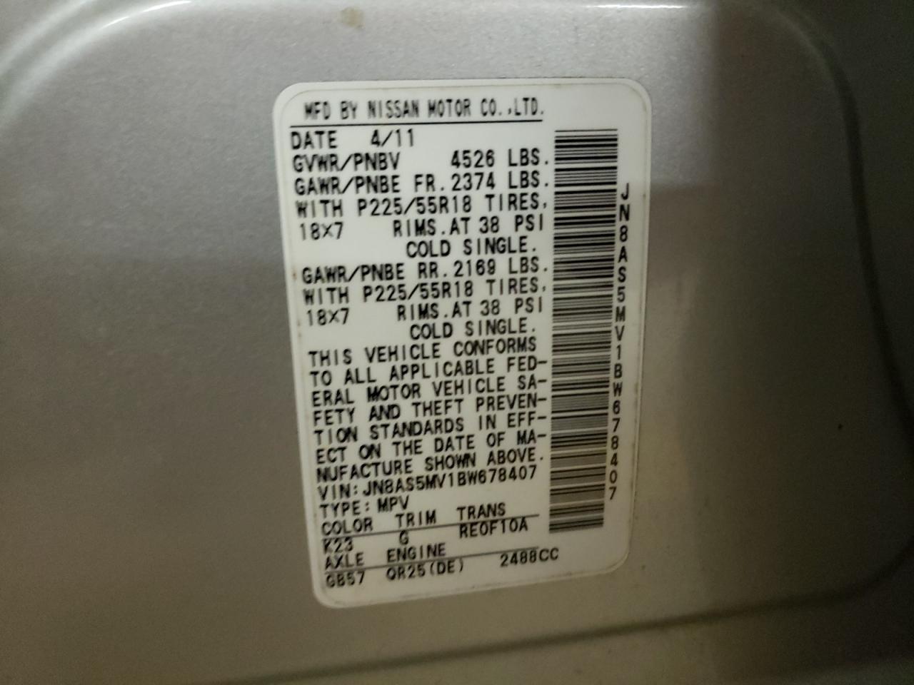 Photo 10 from auction – 2011 NISSAN ROGUE S with VIN JN8AS5MV1BW678407
