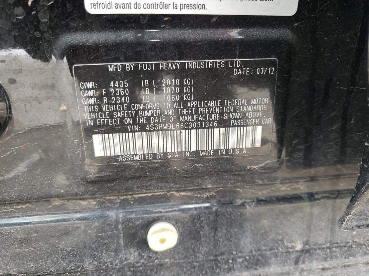 Photo 10 from auction – 2012 SUBARU LEGACY 2.5 with VIN 4S3BMBL68C3031346