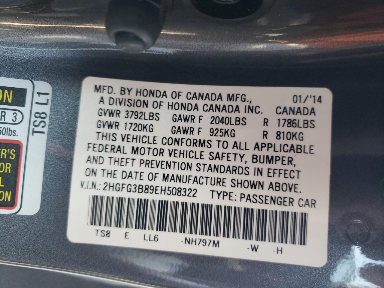 Photo 10 from auction – 2014 HONDA CIVIC EX with VIN 2HGFG3B89EH508322