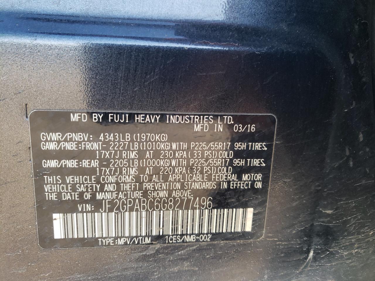 Photo 10 from auction – 2016 SUBARU CROSSTREK with VIN JF2GPABC6G8277496