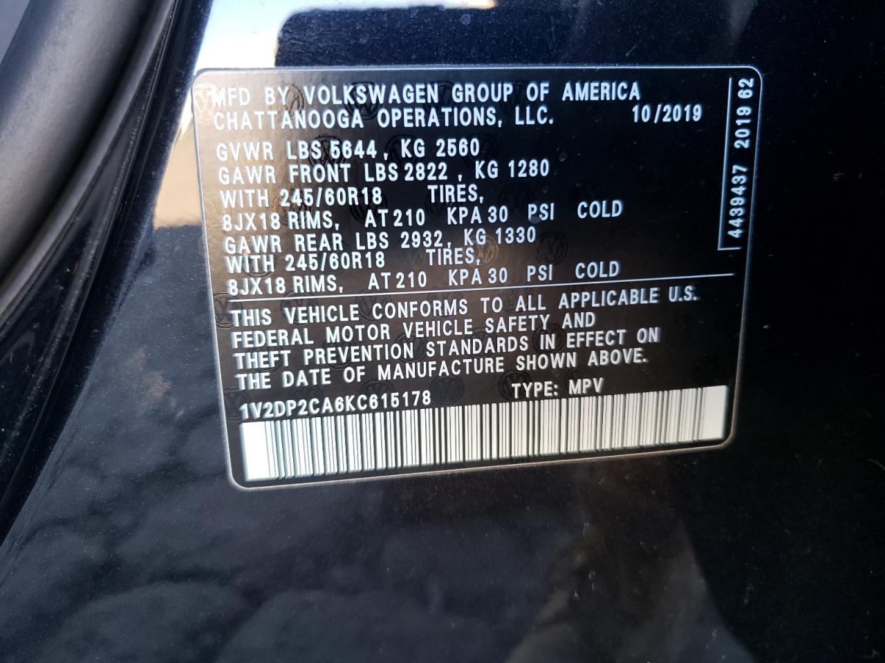 Photo 10 from auction – 2019 VOLKSWAGEN ATLAS SE with VIN 1V2DP2CA6KC615178