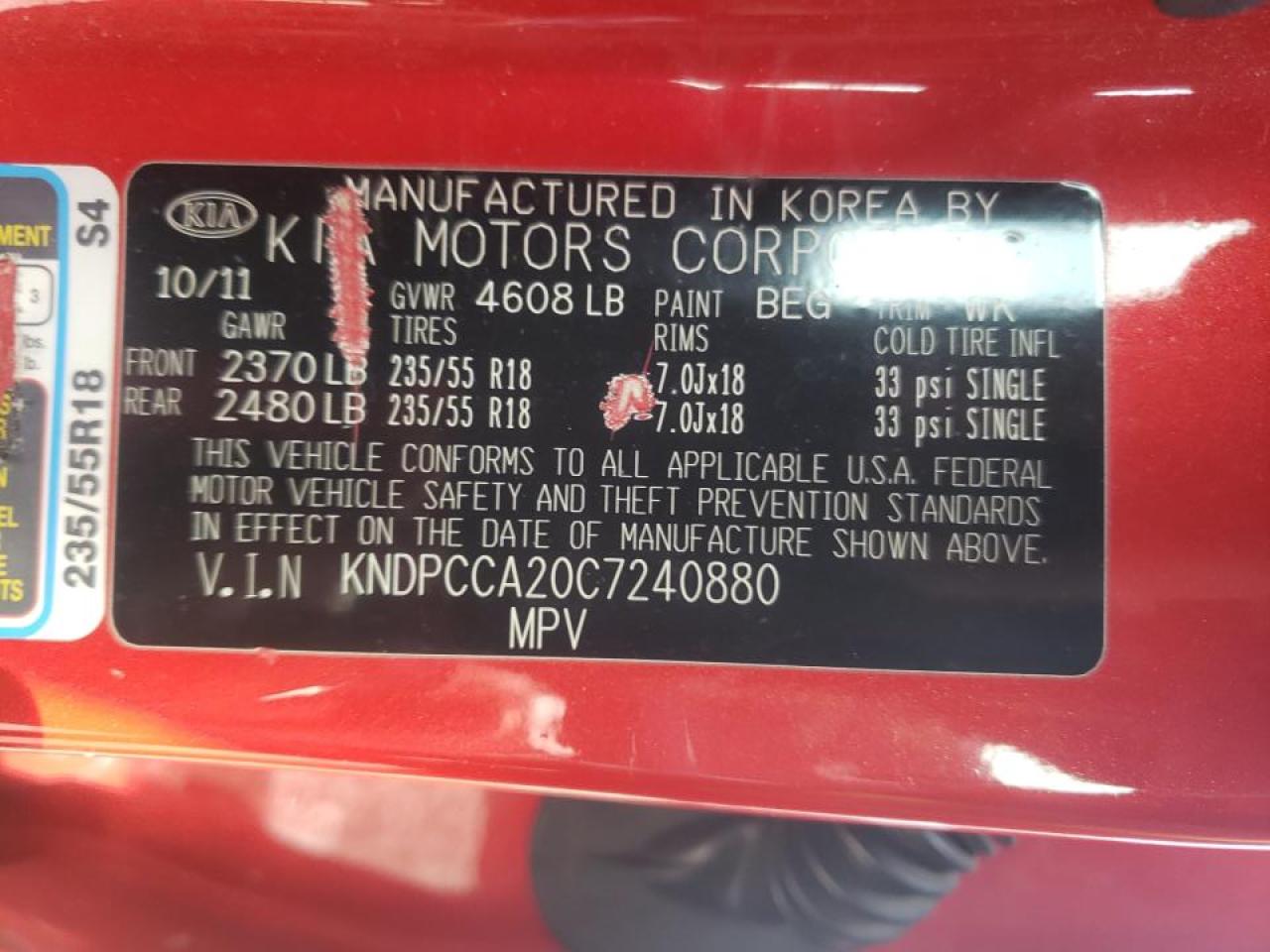 Photo 10 from auction – 2012 KIA SPORTAGE E with VIN KNDPCCA20C7240880