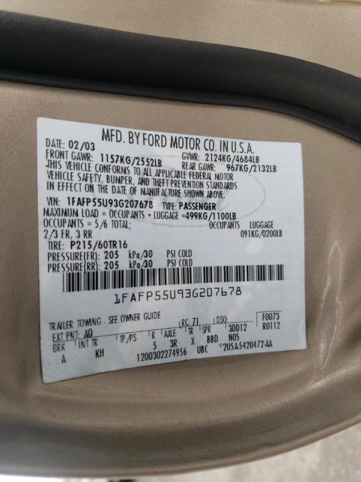 Photo 10 from auction – 2003 FORD TAURUS SES with VIN 1FAFP55U93G207678