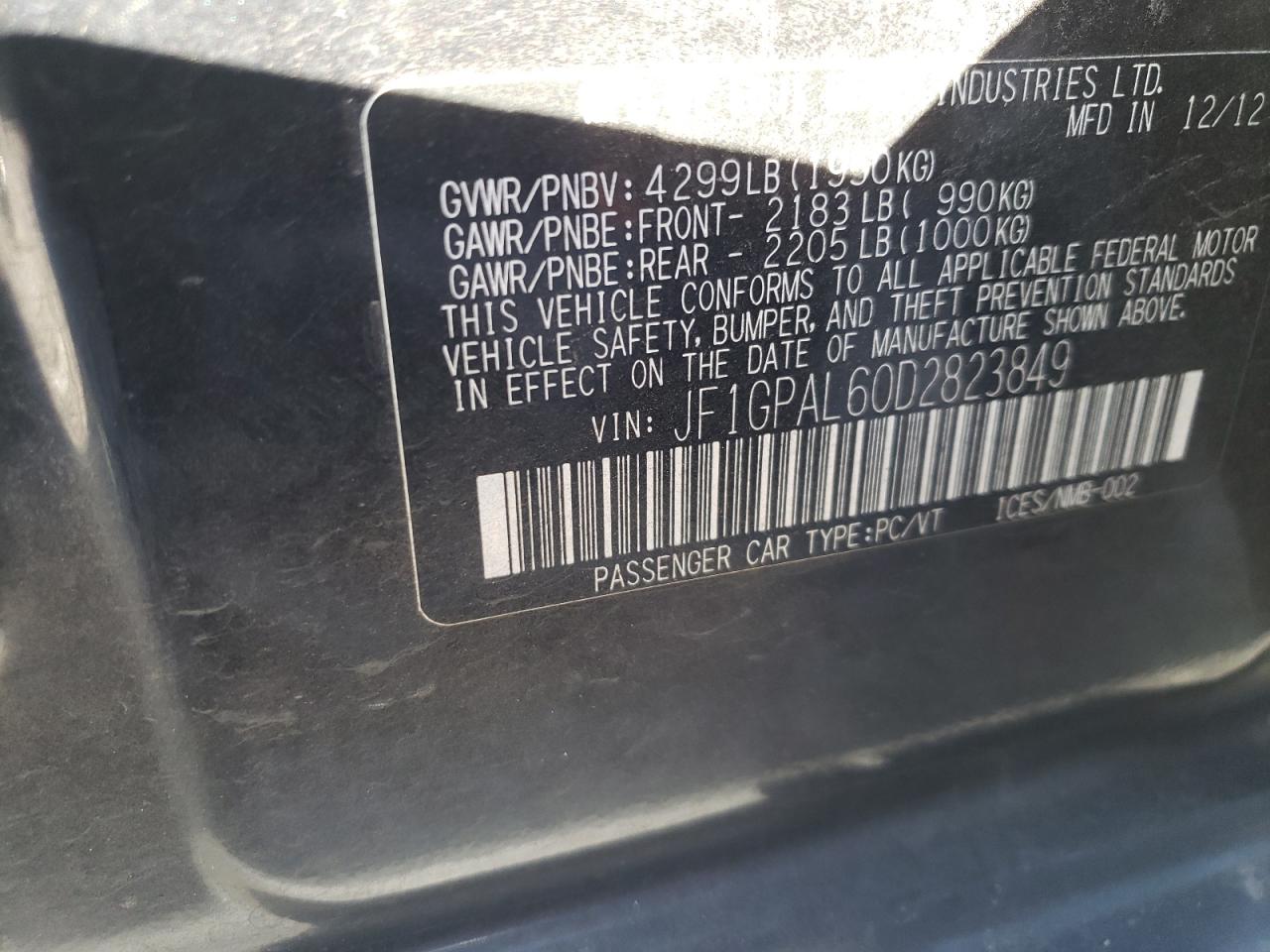 Photo 10 from auction – 2013 SUBARU IMPREZA SP with VIN JF1GPAL60D2823849