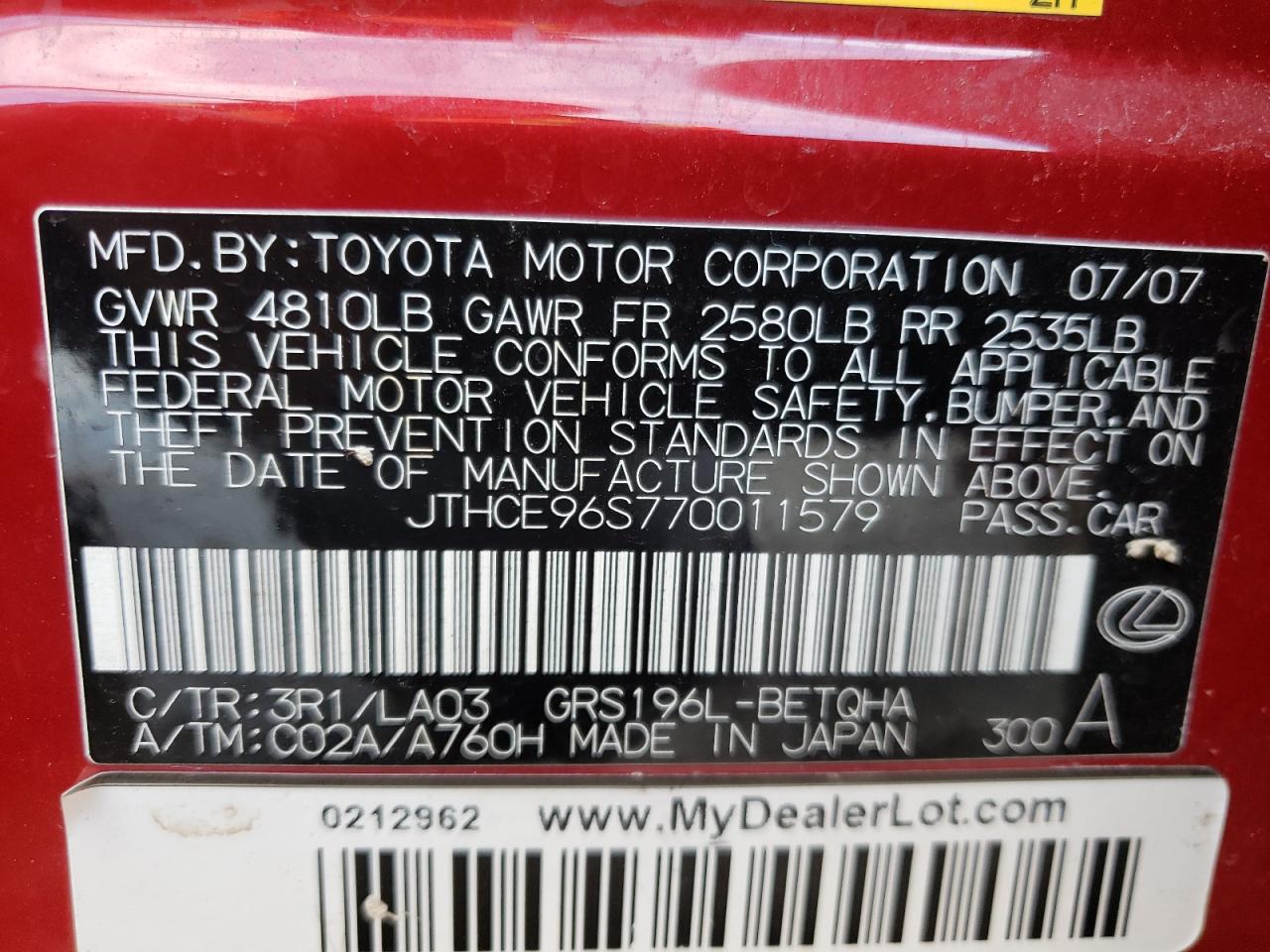 Photo 10 from auction – 2007 LEXUS GS 350 with VIN JTHCE96S770011579