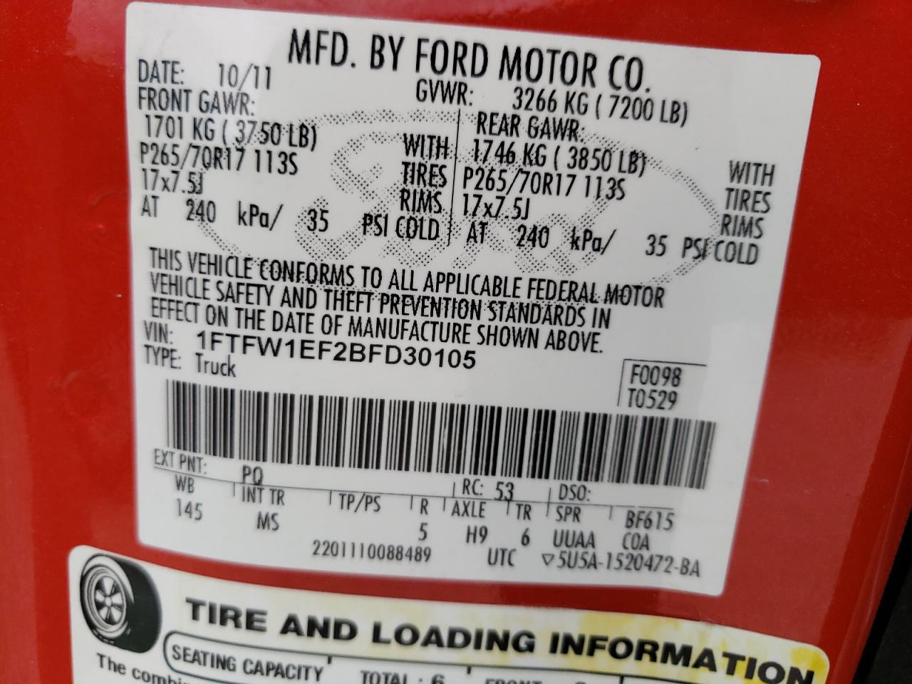 Photo 10 from auction – 2011 FORD F150 SUPER with VIN 1FTFW1EF2BFD30105