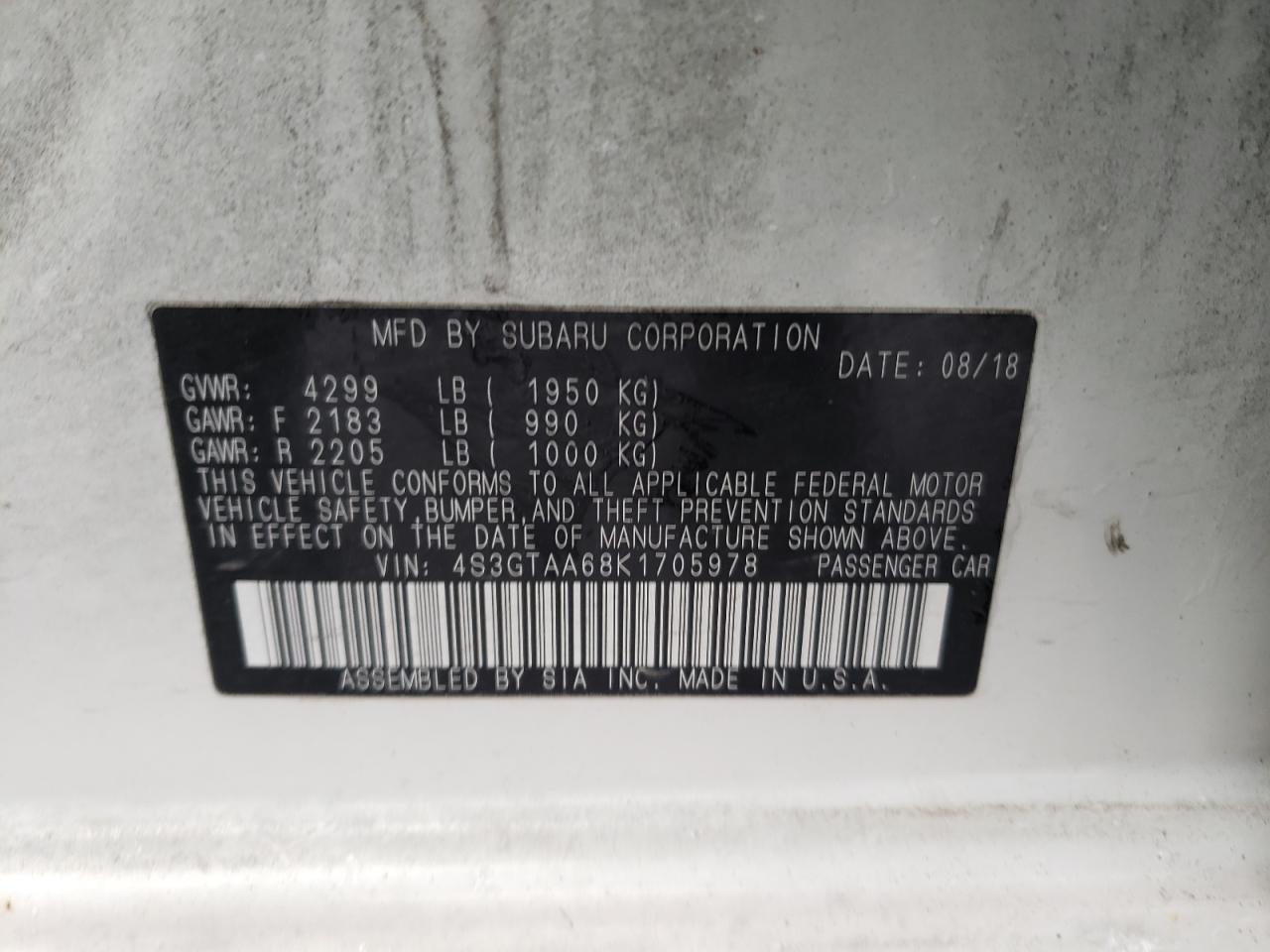 Photo 10 from auction – 2019 SUBARU IMPREZA with VIN 4S3GTAA68K1705978