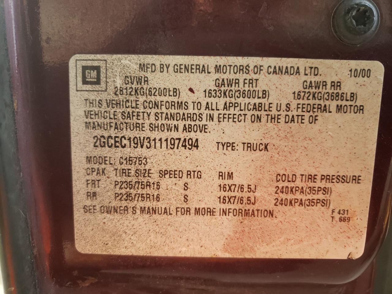 Photo 10 from auction – 2001 CHEVROLET SILVERADO with VIN 2GCEC19V311197494