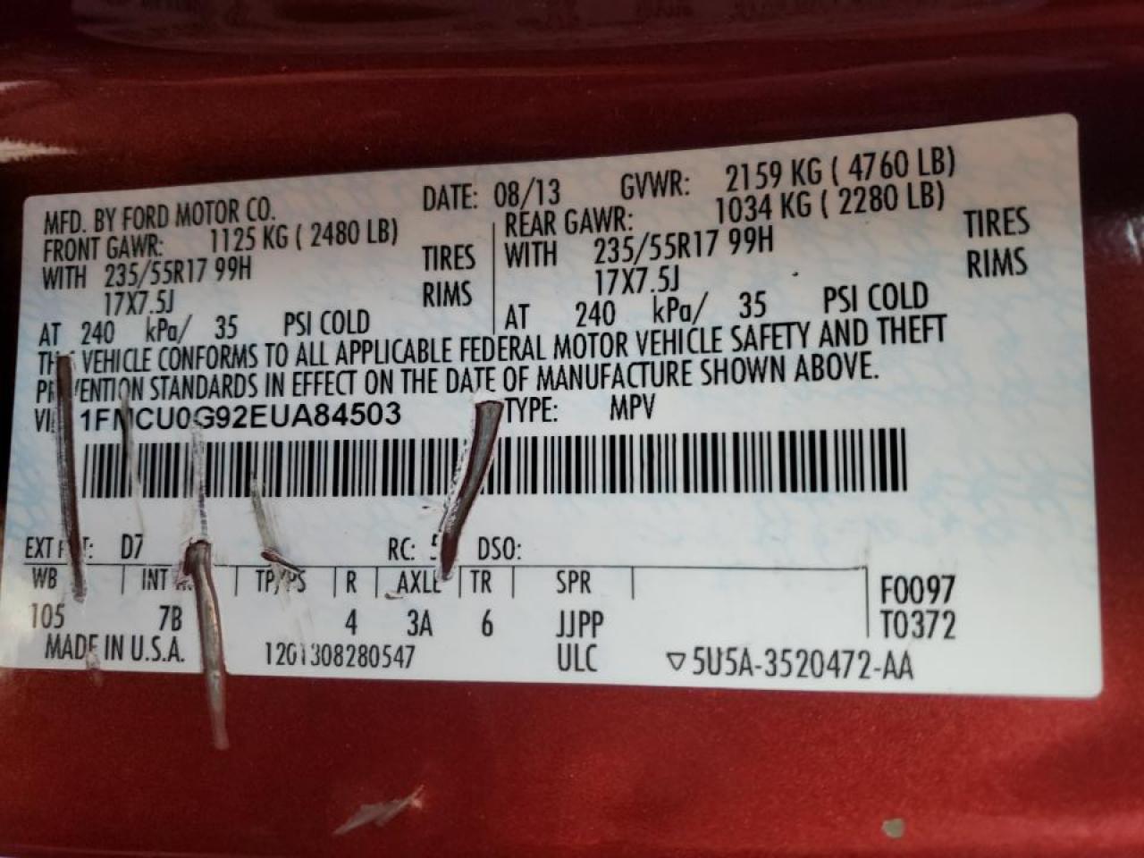 Photo 10 from auction – 2014 FORD ESCAPE SE with VIN 1FMCU0G92EUA84503