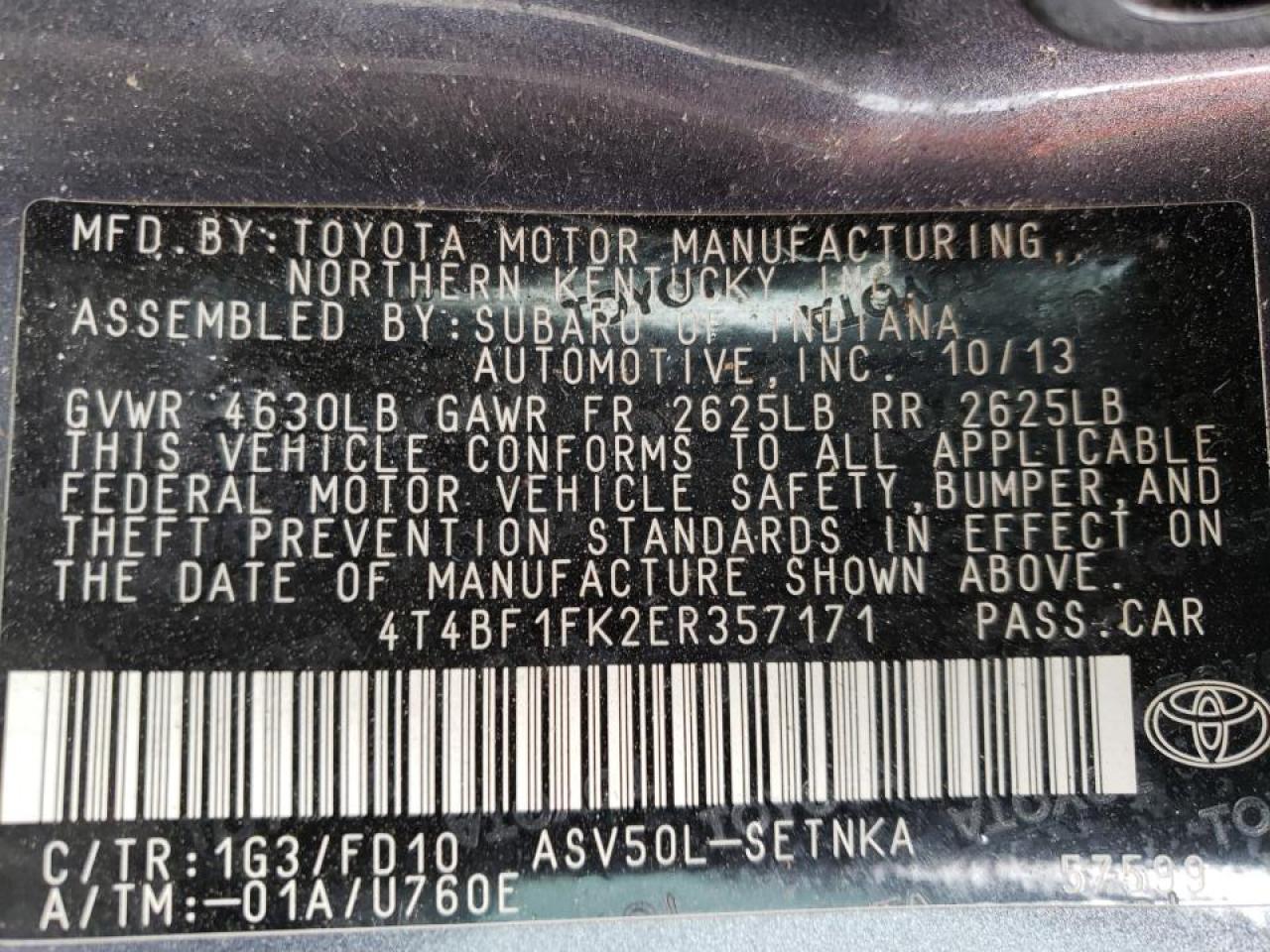 Photo 10 from auction – 2014 TOYOTA CAMRY L with VIN 4T4BF1FK2ER357171