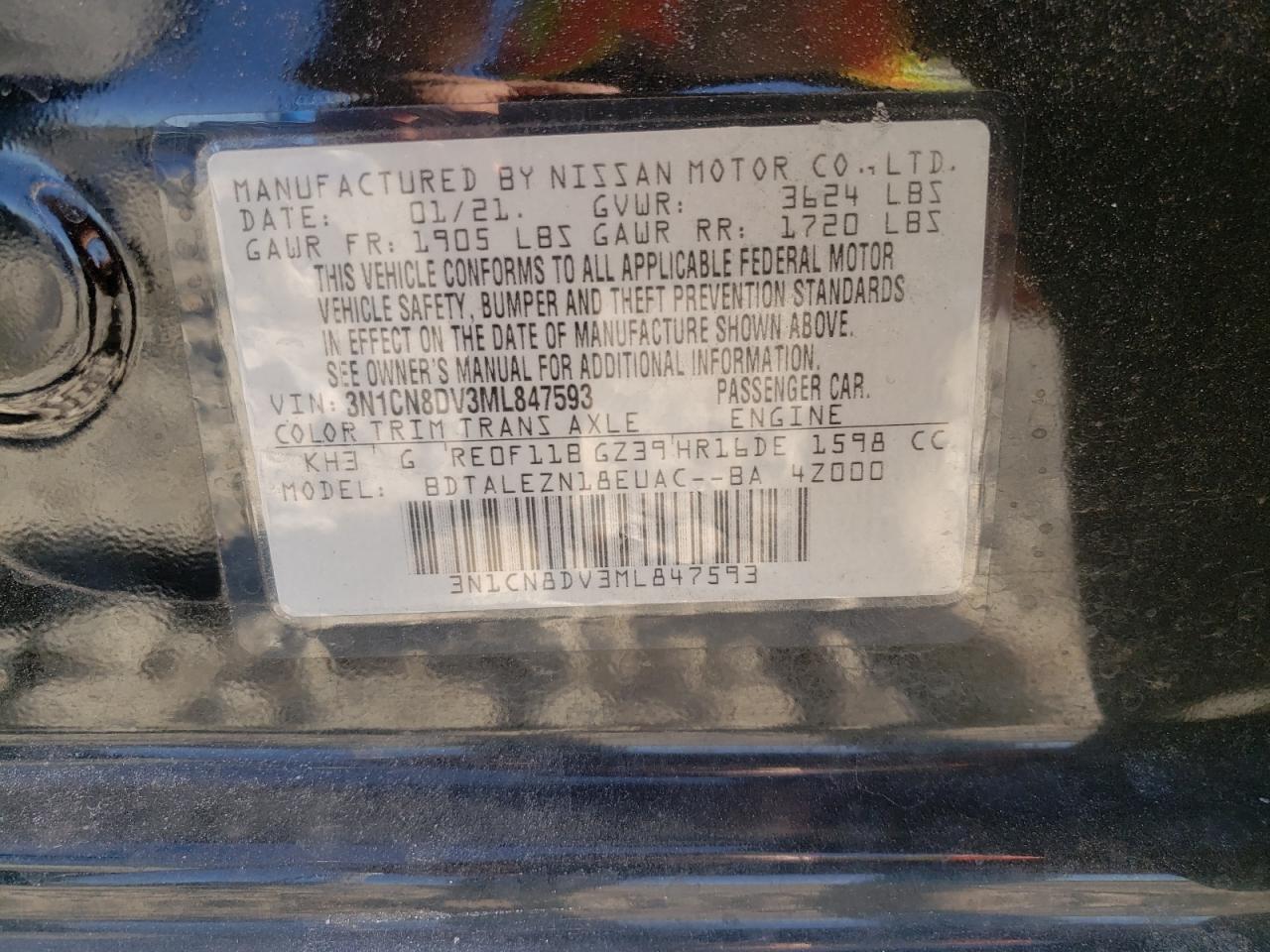 Photo 10 from auction – 2021 NISSAN VERSA S with VIN 3N1CN8DV3ML847593