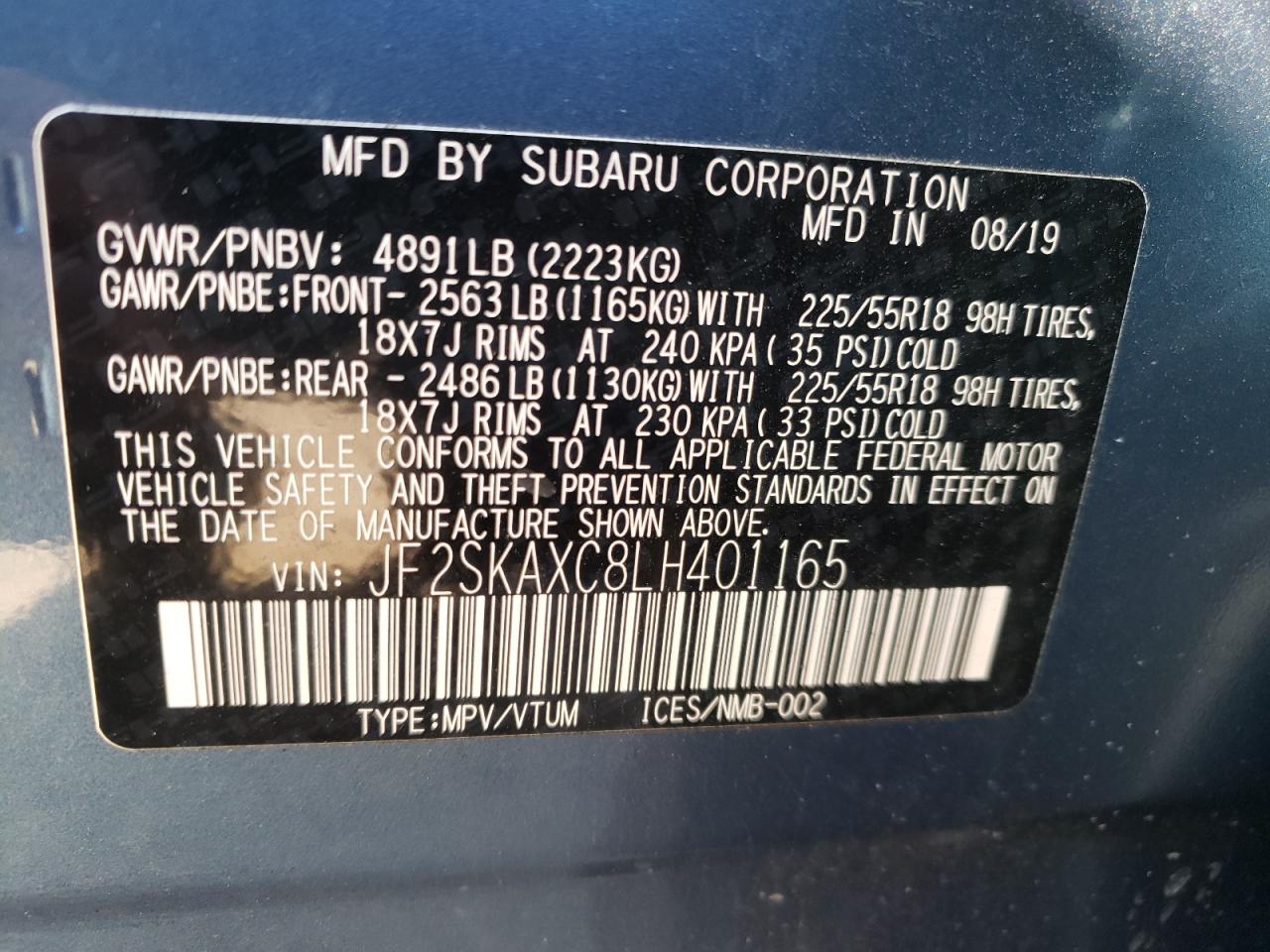 Photo 10 from auction – 2020 SUBARU FORESTER T with VIN JF2SKAXC8LH401165
