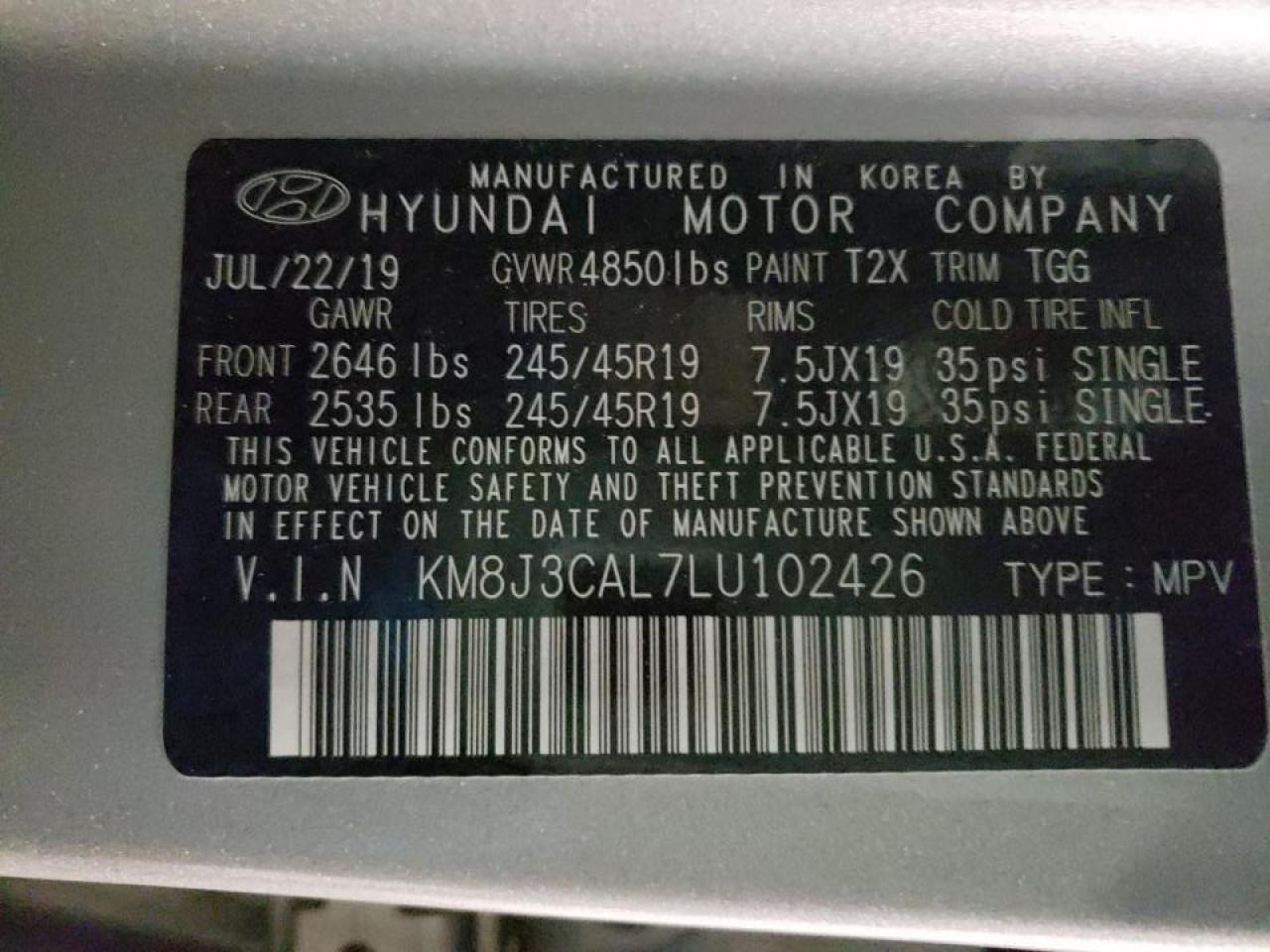 Photo 10 from auction – 2020 HYUNDAI TUCSON LIM with VIN KM8J3CAL7LU102426