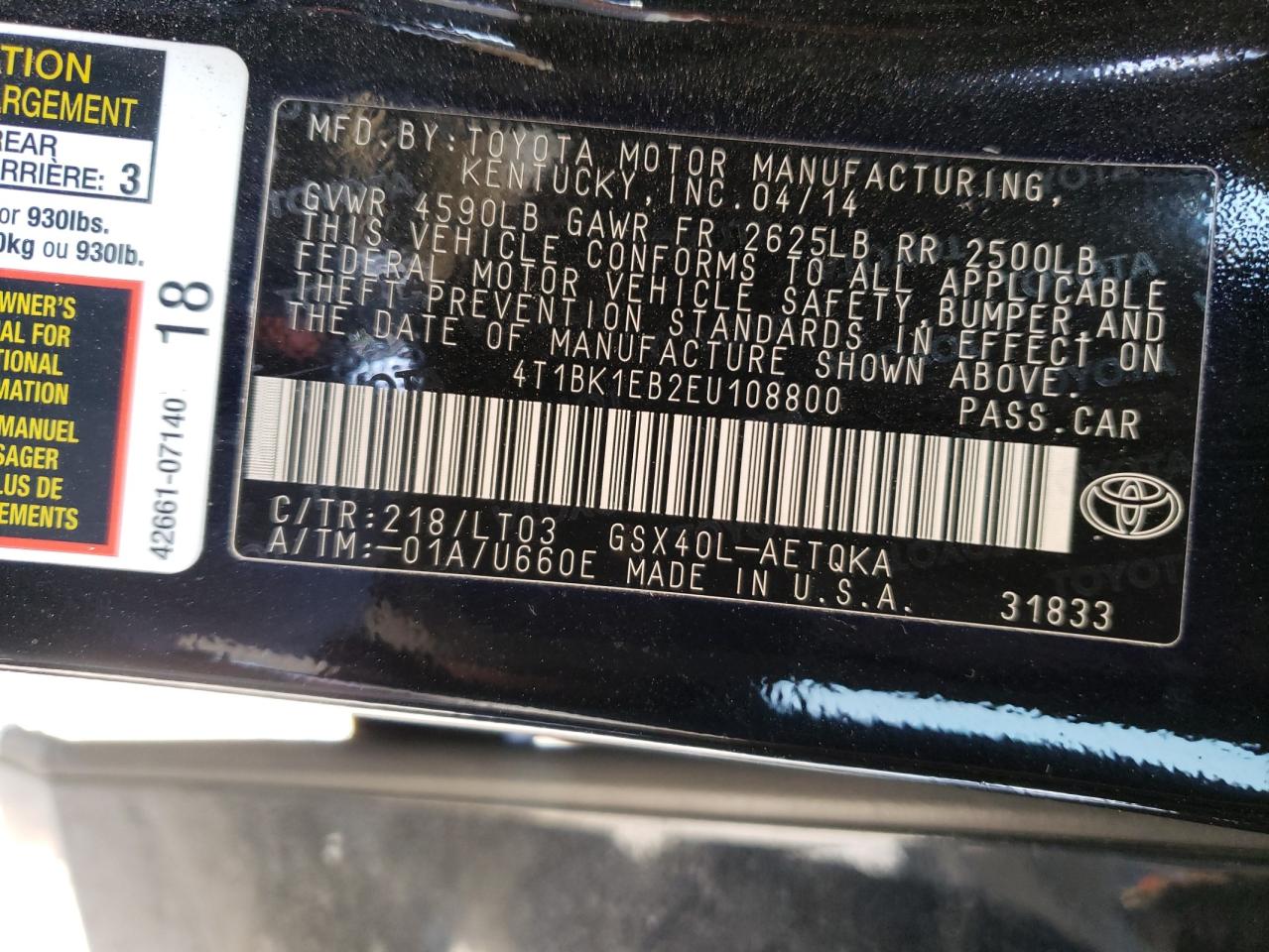 Photo 10 from auction – 2014 TOYOTA AVALON BAS with VIN 4T1BK1EB2EU108800