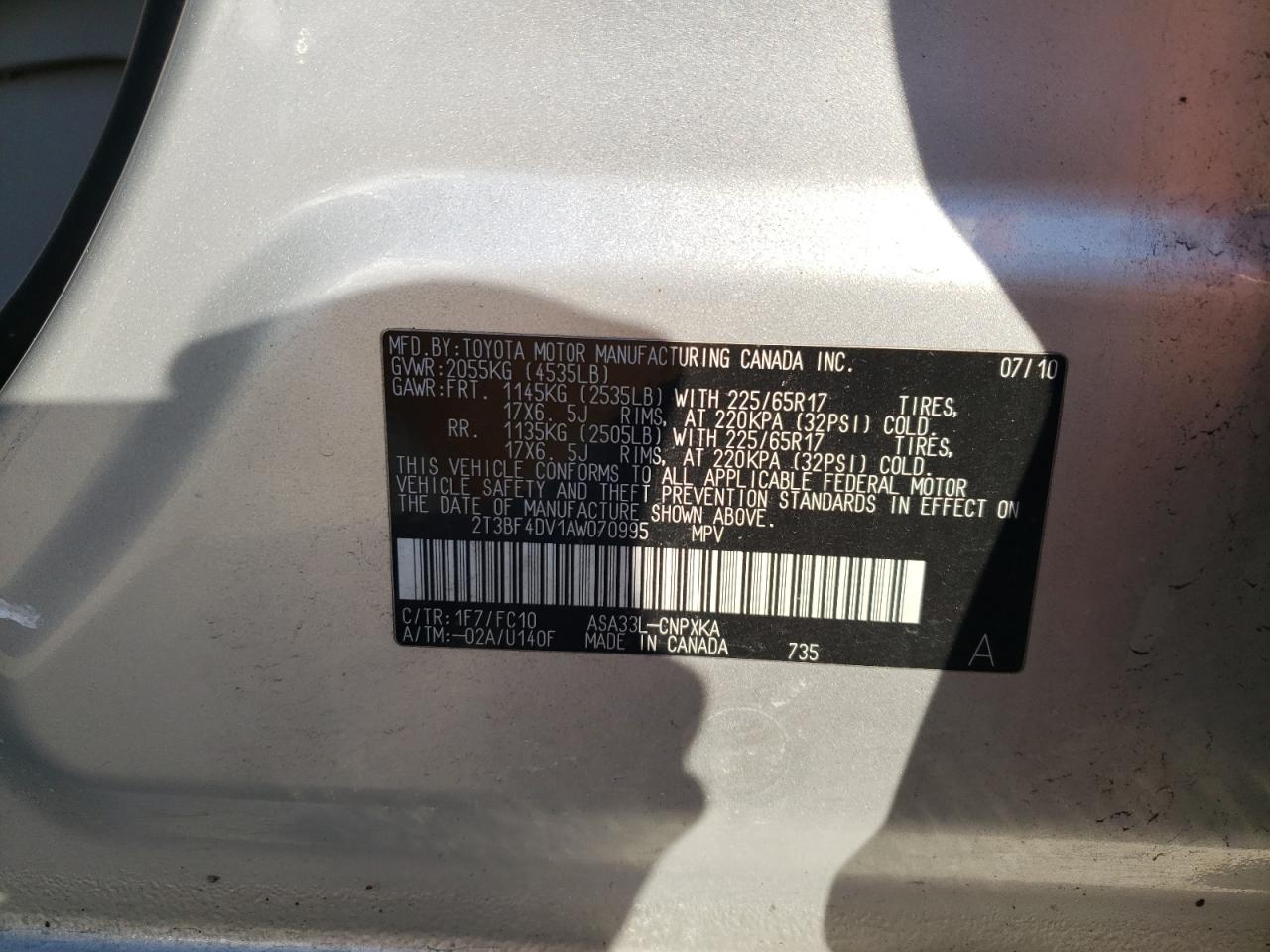 Photo 10 from auction – 2010 TOYOTA RAV4 with VIN 2T3BF4DV1AW070995