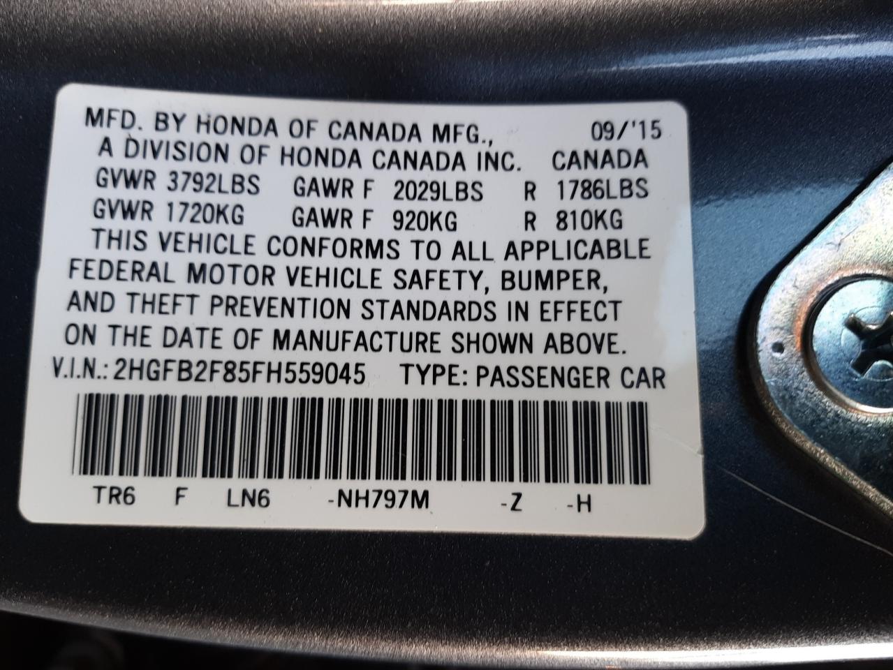 Photo 10 from auction – 2015 HONDA CIVIC EX with VIN 2HGFB2F85FH559045