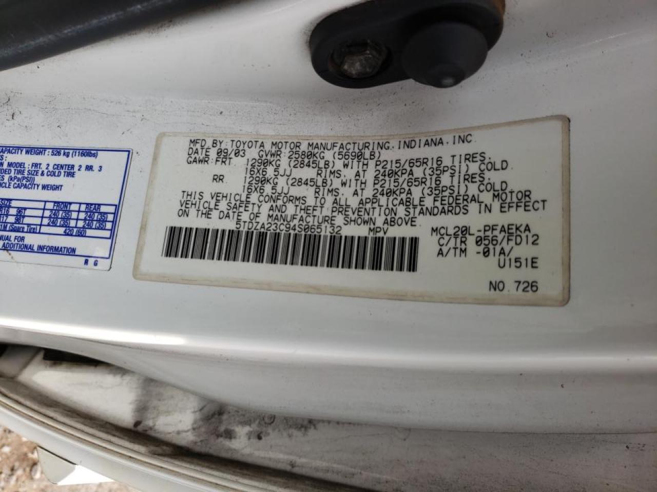 Photo 10 from auction – 2004 TOYOTA SIENNA CE with VIN 5TDZA23C94S065132
