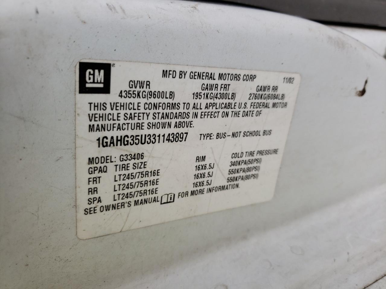 Photo 10 from auction – 2003 CHEVROLET EXPRESS G3 with VIN 1GAHG35U331143897