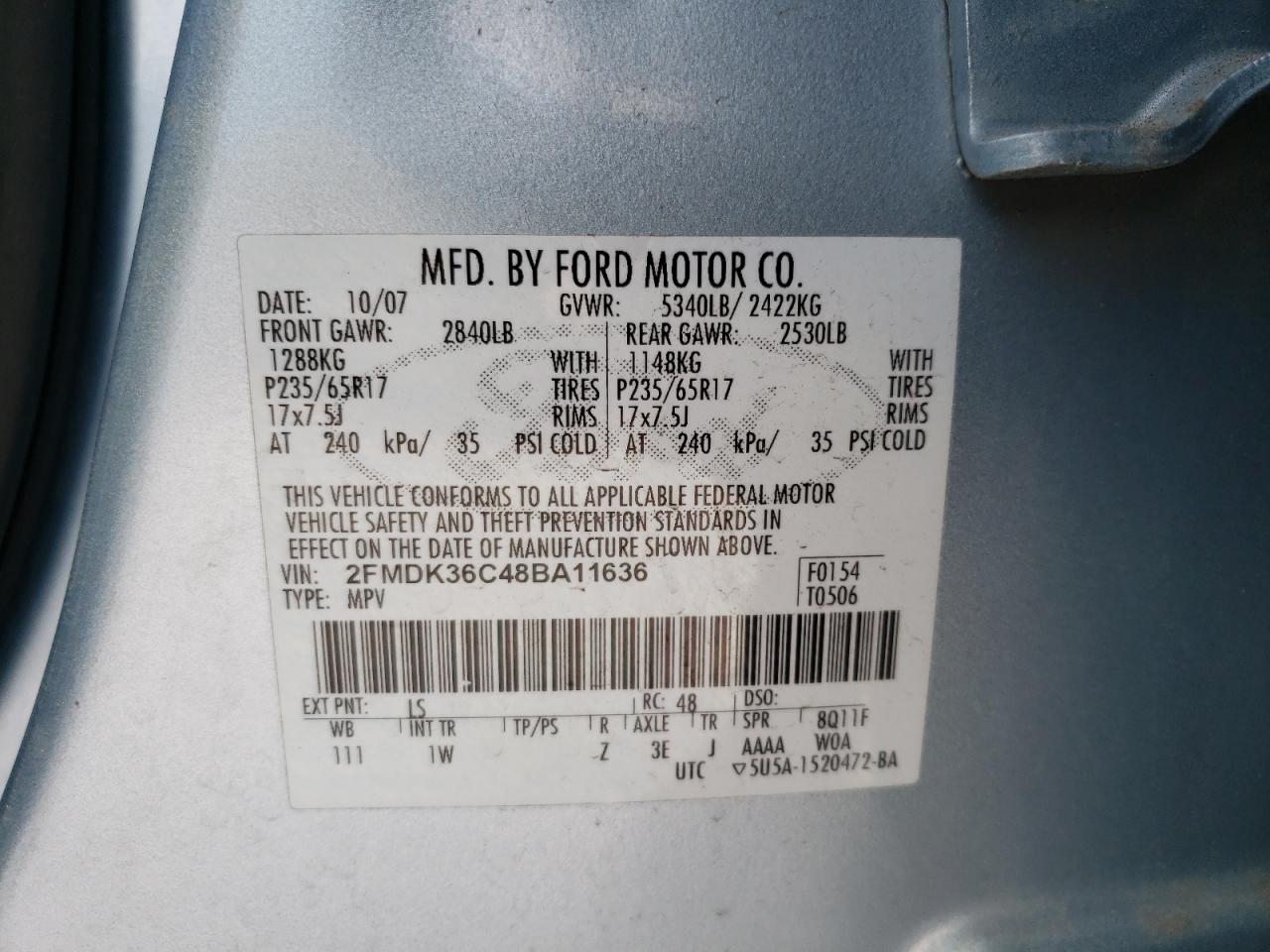 Photo 10 from auction – 2008 FORD EDGE SE with VIN 2FMDK36C48BA11636