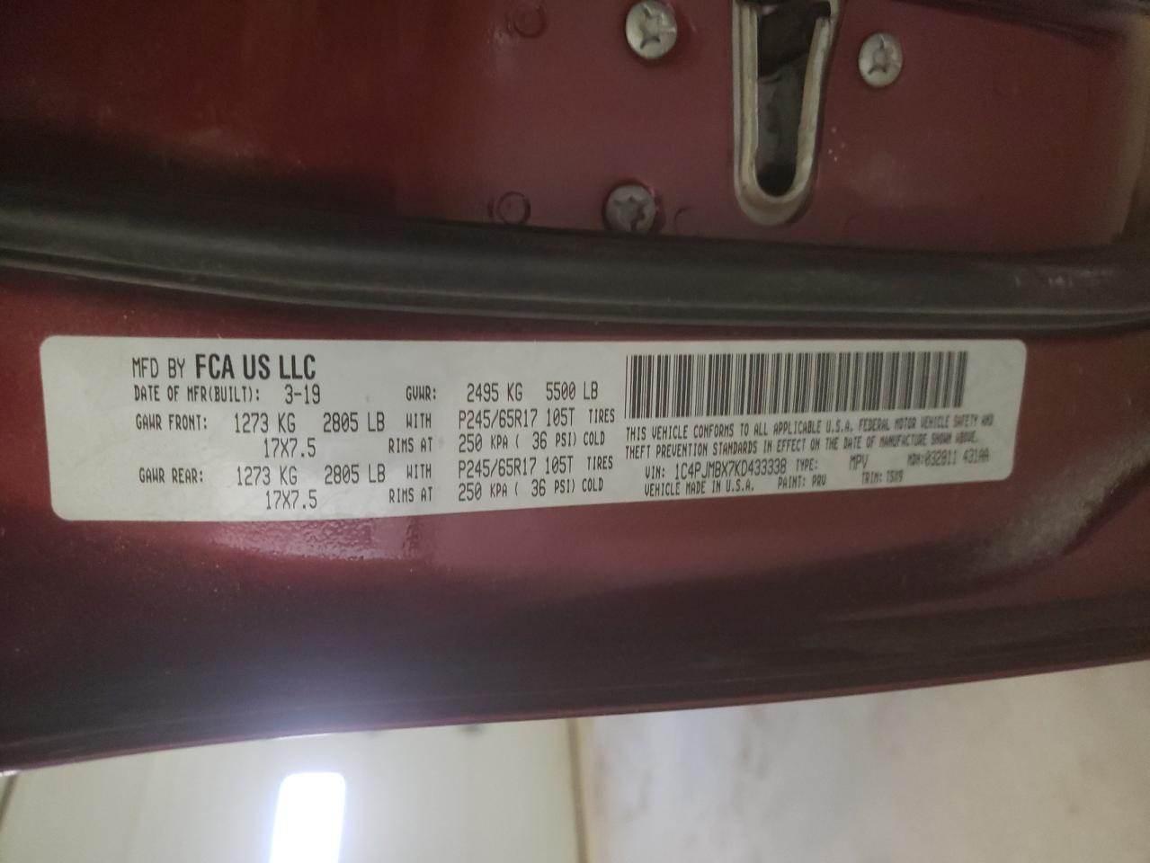 Photo 10 from auction – 2019 JEEP CHEROKEE T with VIN 1C4PJMBX7KD433338