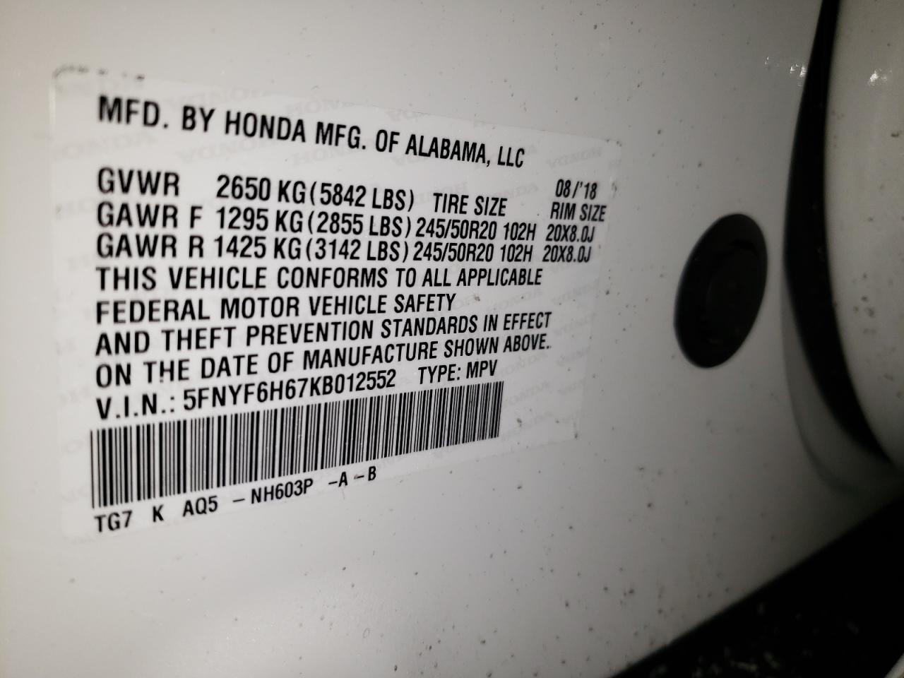 Photo 10 from auction – 2019 HONDA PILOT TOUR with VIN 5FNYF6H67KB012552