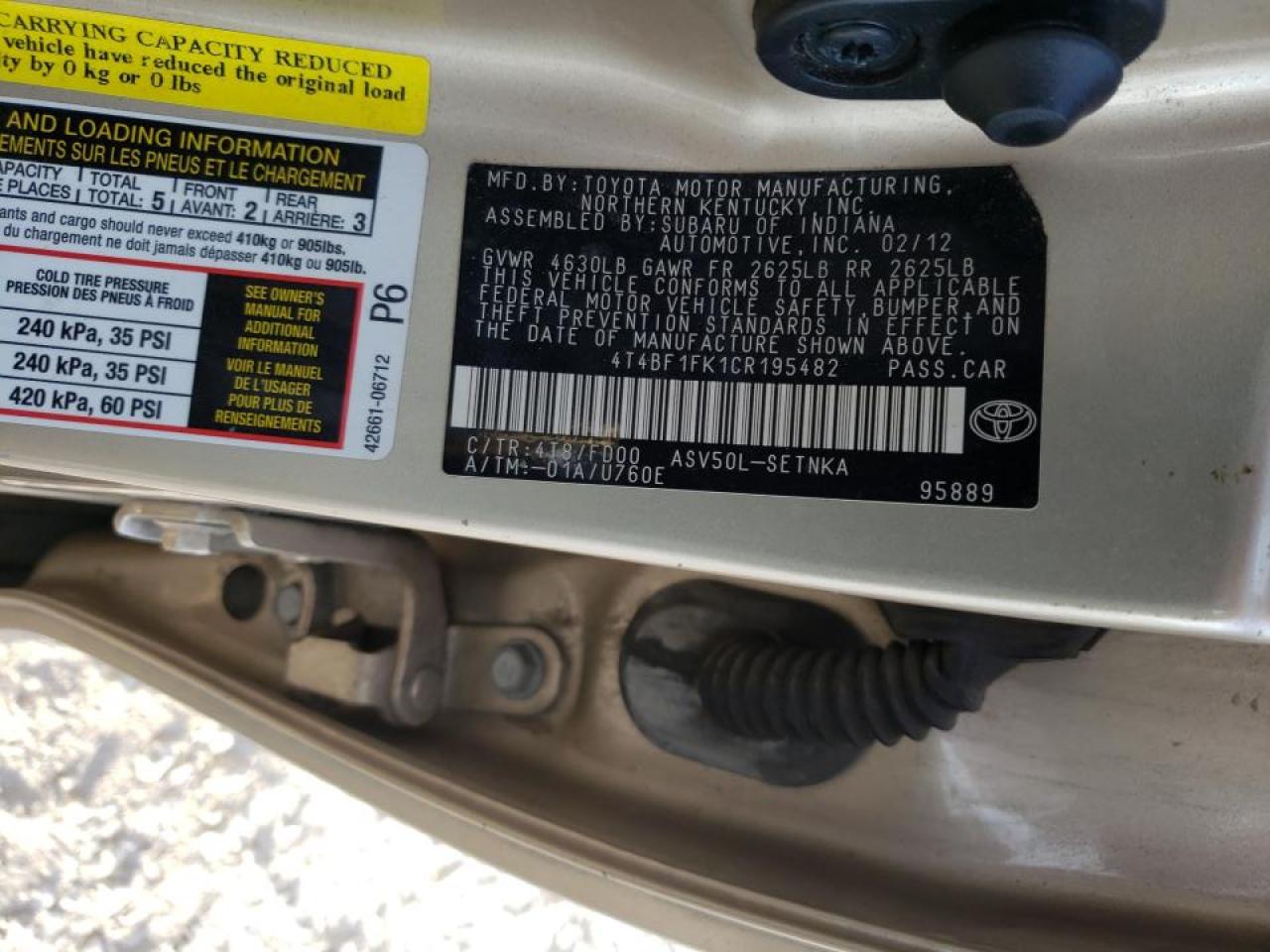 Photo 10 from auction – 2012 TOYOTA CAMRY BASE with VIN 4T4BF1FK1CR195482