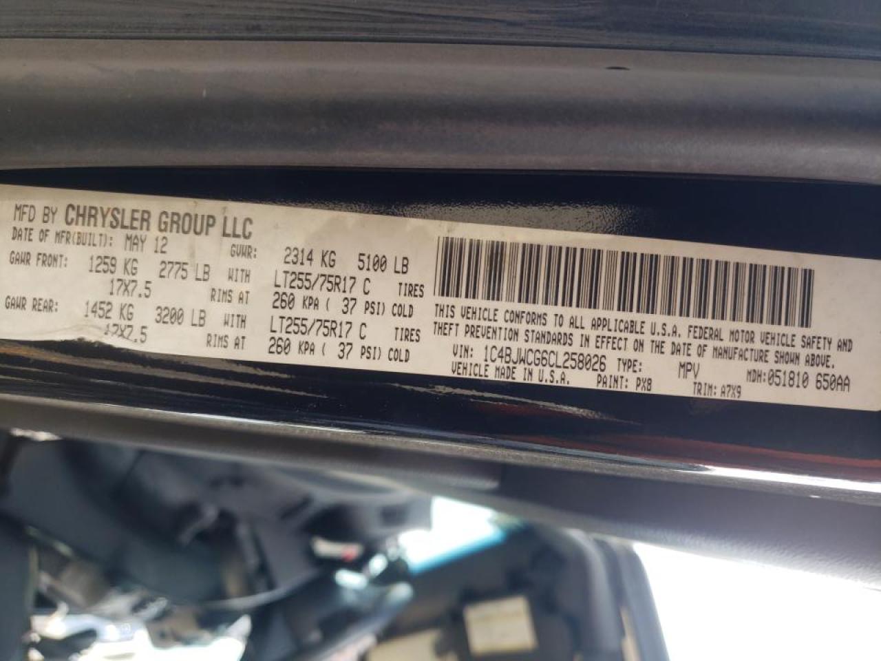 Photo 10 from auction – 2012 JEEP WRANGLER R with VIN 1C4BJWCG6CL258026