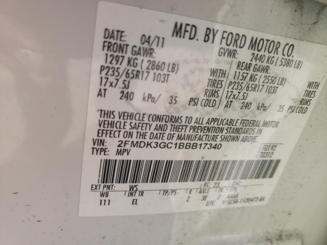 Photo 10 from auction – 2011 FORD EDGE SE with VIN 2FMDK3GC1BBB17340