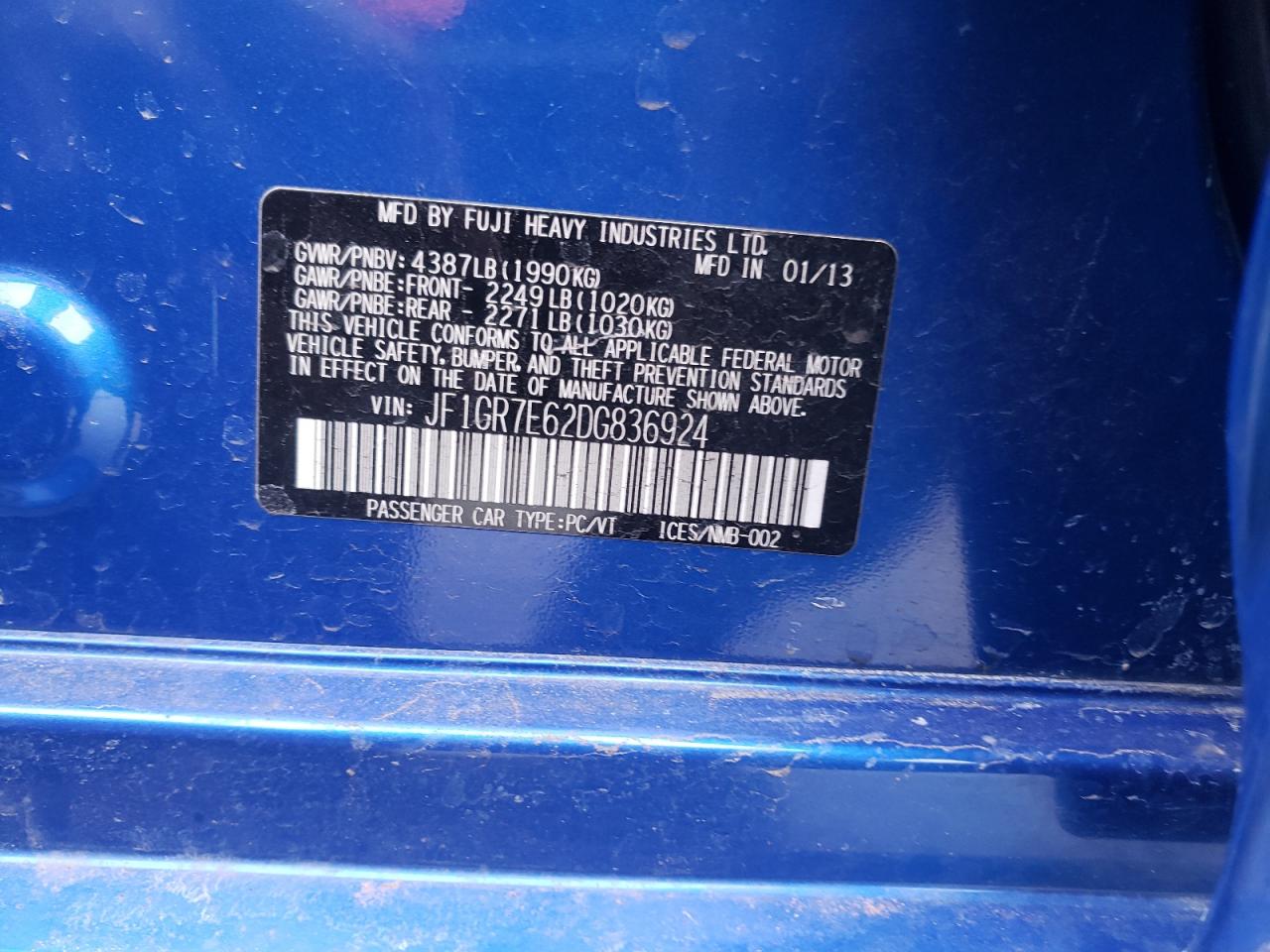 Photo 10 from auction – 2013 SUBARU IMPREZA WR with VIN JF1GR7E62DG836924