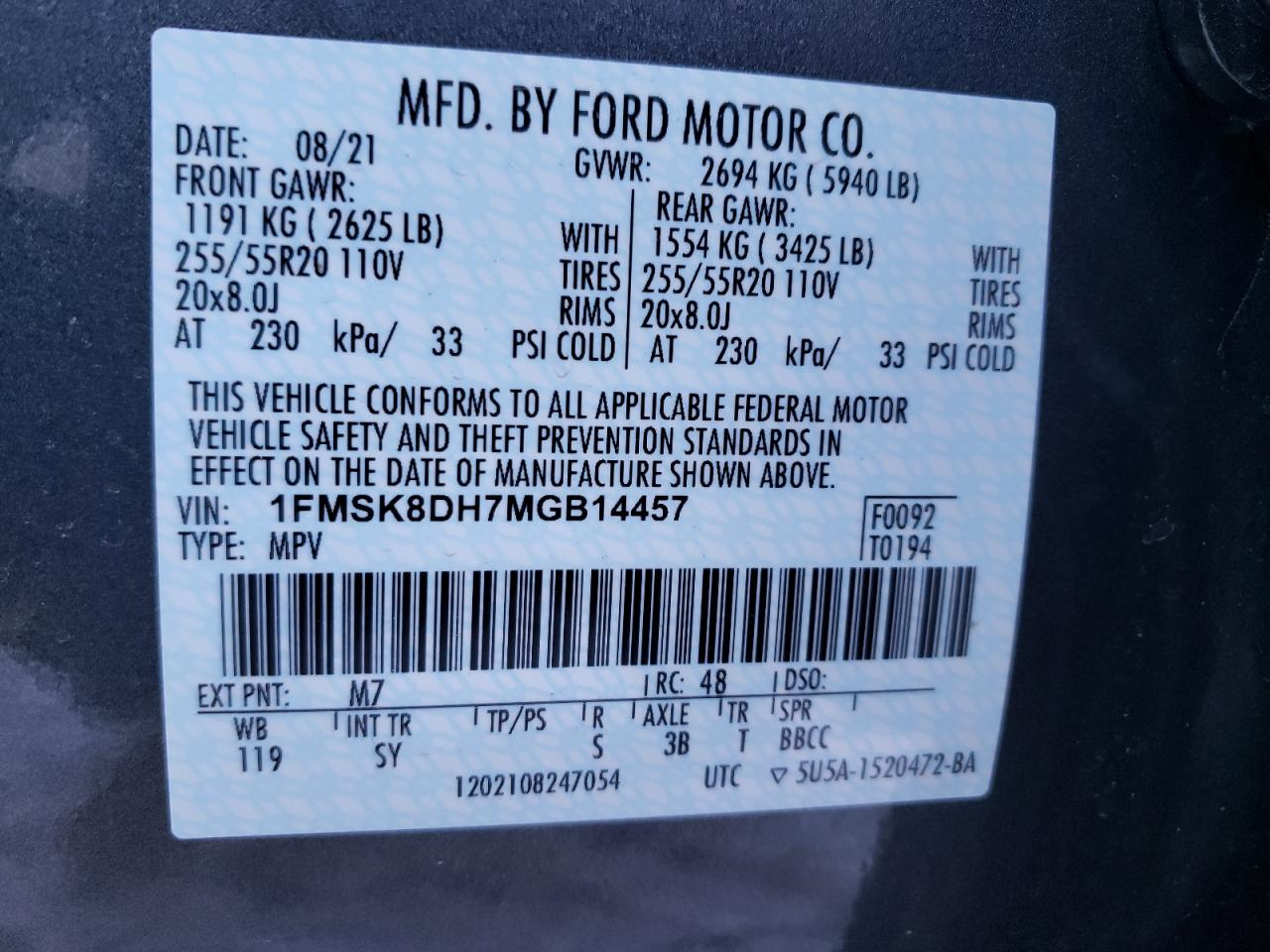 Photo 10 from auction – 2021 FORD EXPLORER X with VIN 1FMSK8DH7MGB14457