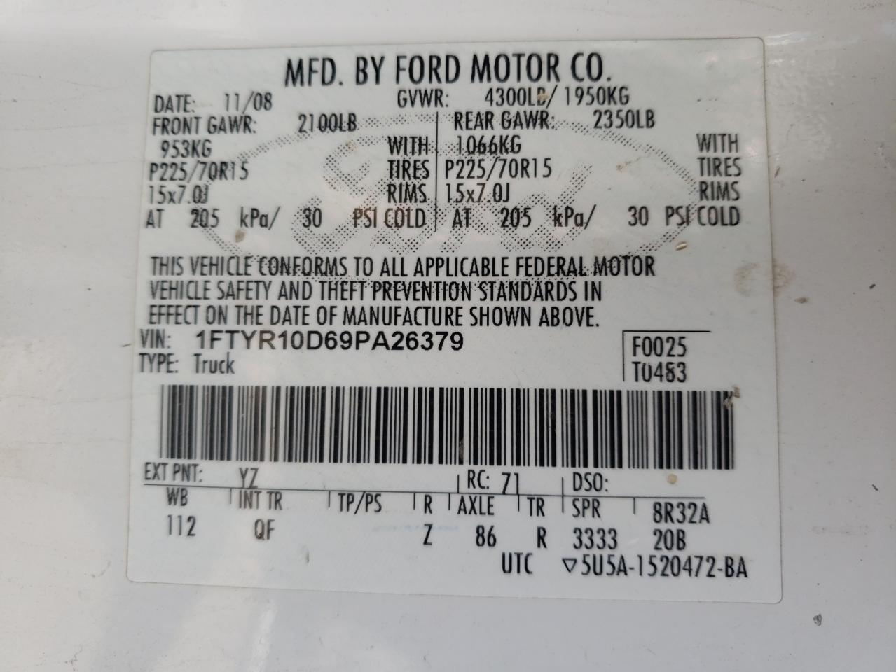 Photo 10 from auction – 2009 FORD RANGER with VIN 1FTYR10D69PA26379