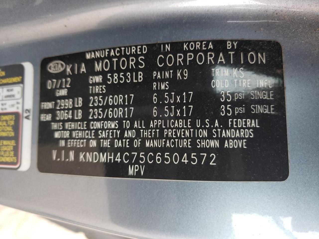 Photo 10 from auction – 2012 KIA SEDONA EX with VIN KNDMH4C75C6504572