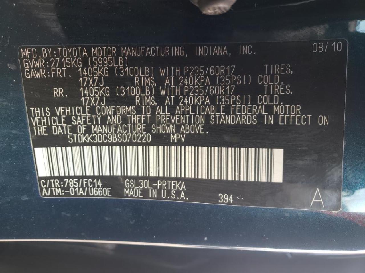Photo 10 from auction – 2011 TOYOTA SIENNA LE with VIN 5TDKK3DC9BS070220