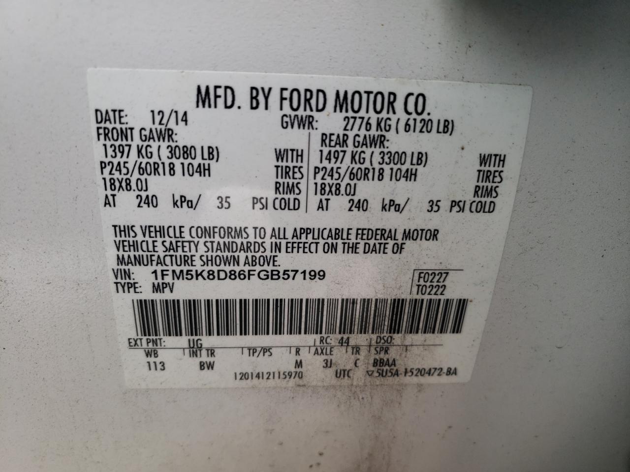 Photo 10 from auction – 2015 FORD EXPLORER X with VIN 1FM5K8D86FGB57199