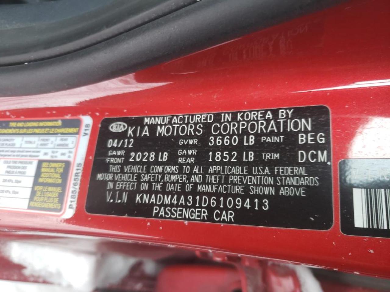 Photo 10 from auction – 2013 KIA RIO LX with VIN KNADM4A31D6109413