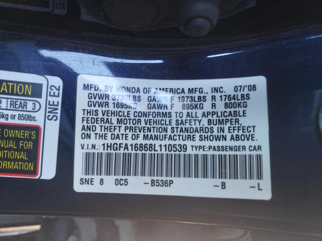 Photo 10 from auction – 2008 HONDA CIVIC EX with VIN 1HGFA16868L110539