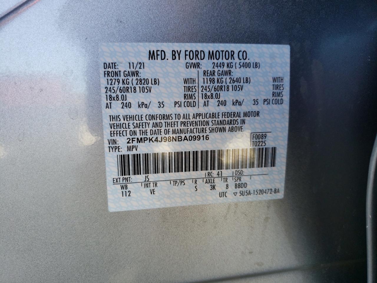 Foto 10 de la subasta – 2022 FORD EDGE SEL con VIN 2FMPK4J98NBA09916
