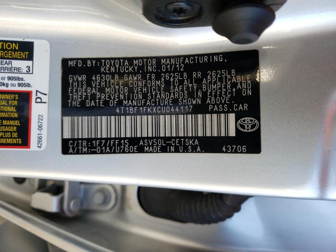 Photo 10 from auction – 2012 TOYOTA CAMRY BASE with VIN 4T1BF1FKXCU044117