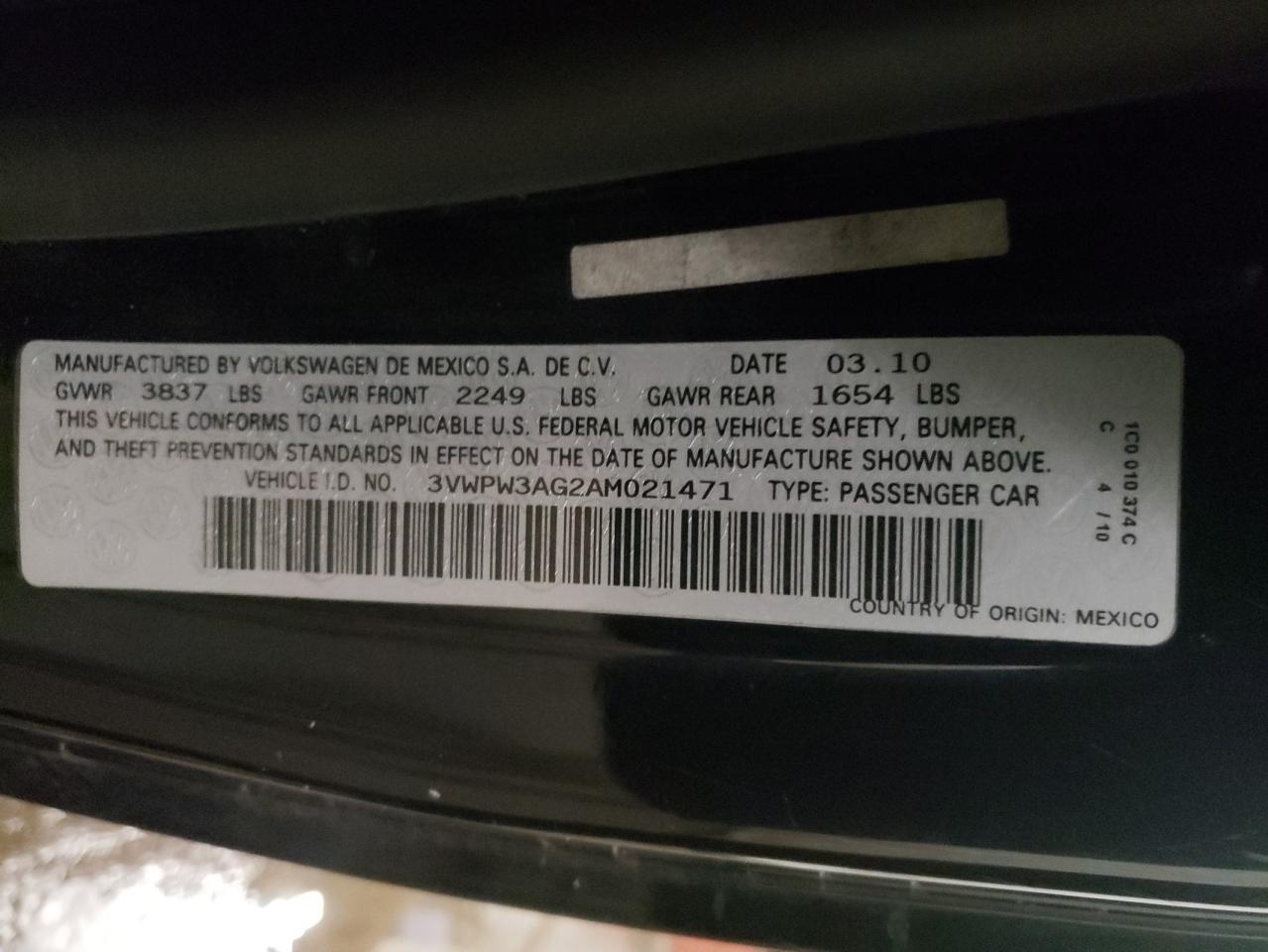 Photo 10 from auction – 2010 VOLKSWAGEN NEW BEETLE with VIN 3VWPW3AG2AM021471