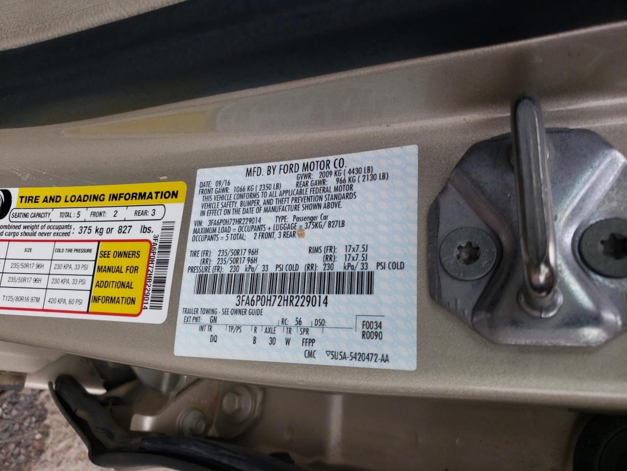 Photo 10 from auction – 2017 FORD FUSION SE with VIN 3FA6P0H72HR229014