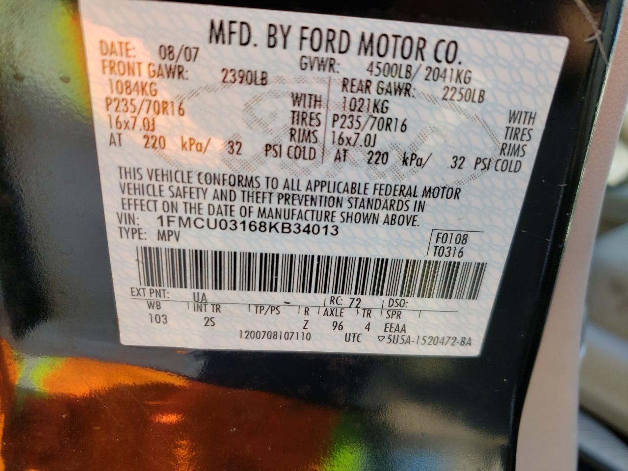 Photo 10 from auction – 2008 FORD ESCAPE XLT with VIN 1FMCU03168KB34013