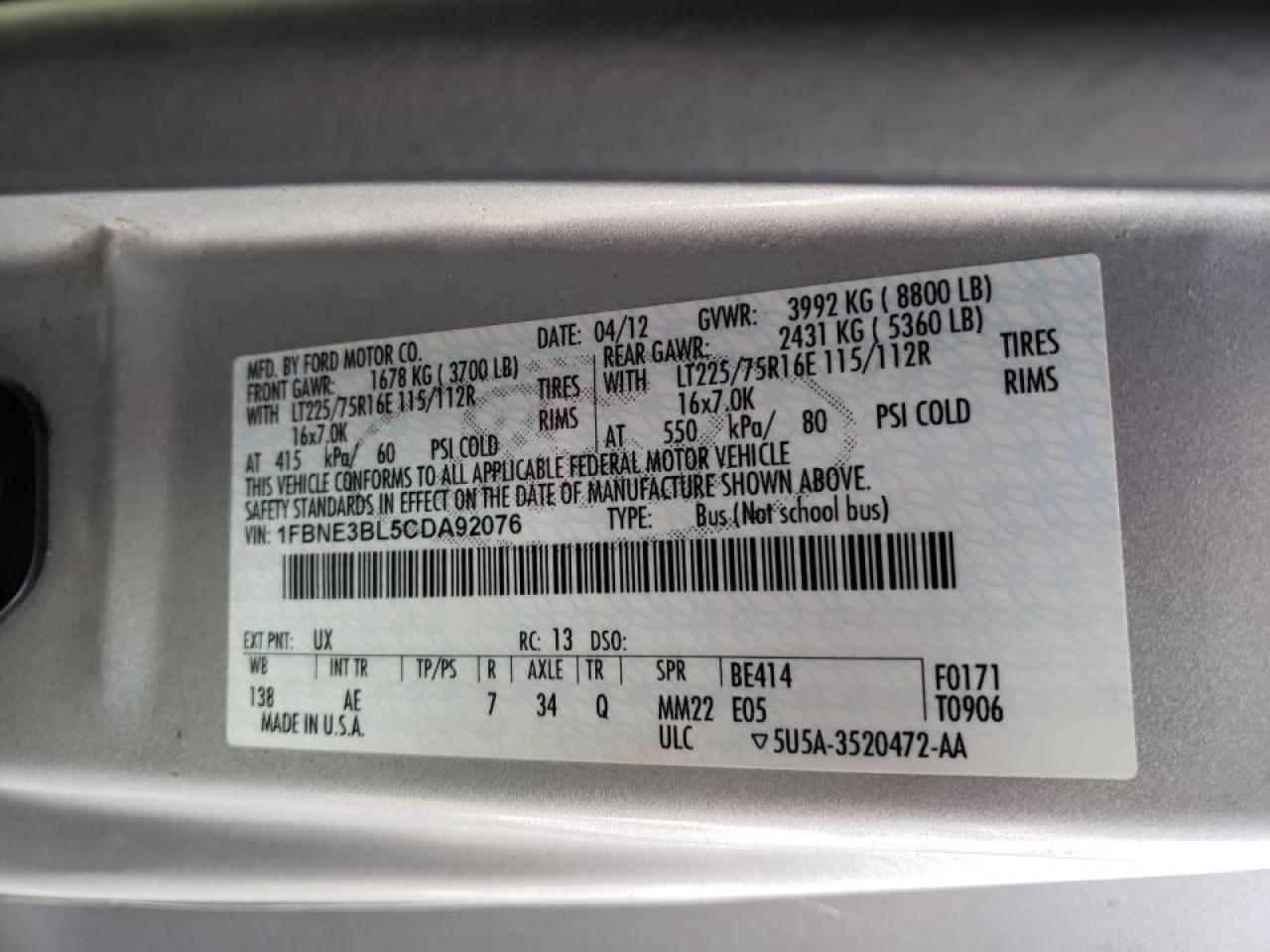 Photo 10 from auction – 2012 FORD ECONOLINE with VIN 1FBNE3BL5CDA92076
