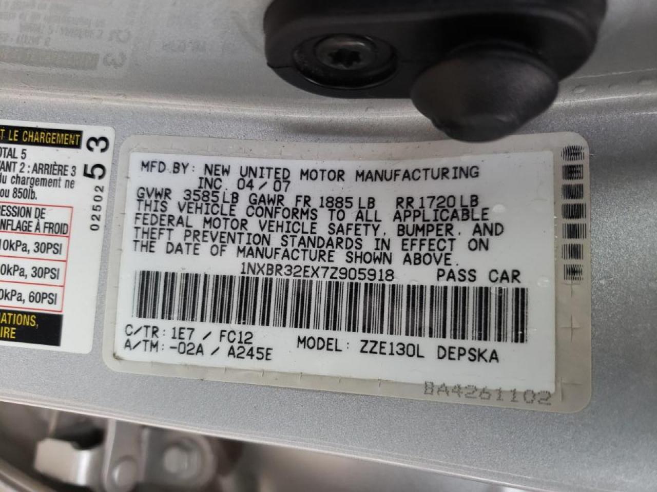 Photo 10 from auction – 2007 TOYOTA COROLLA CE with VIN 1NXBR32EX7Z905918