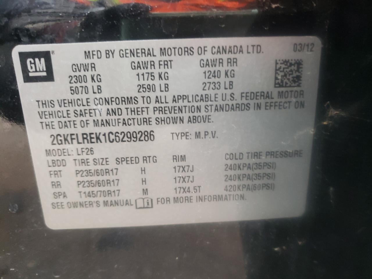 Photo 10 from auction – 2012 GMC TERRAIN SL with VIN 2GKFLREK1C6299286