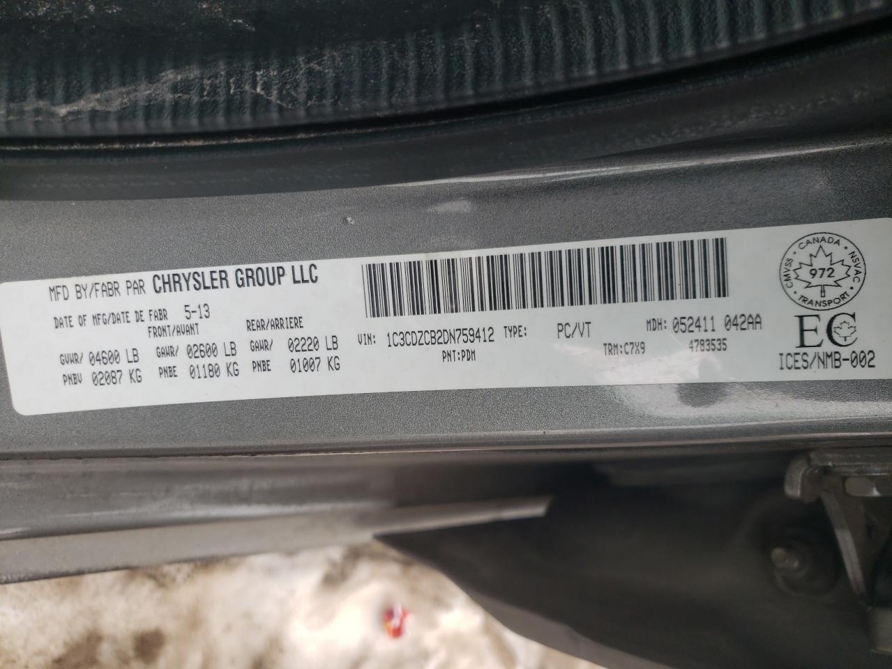 Photo 10 from auction – 2013 DODGE AVENGER SX with VIN 1C3CDZCB2DN759412