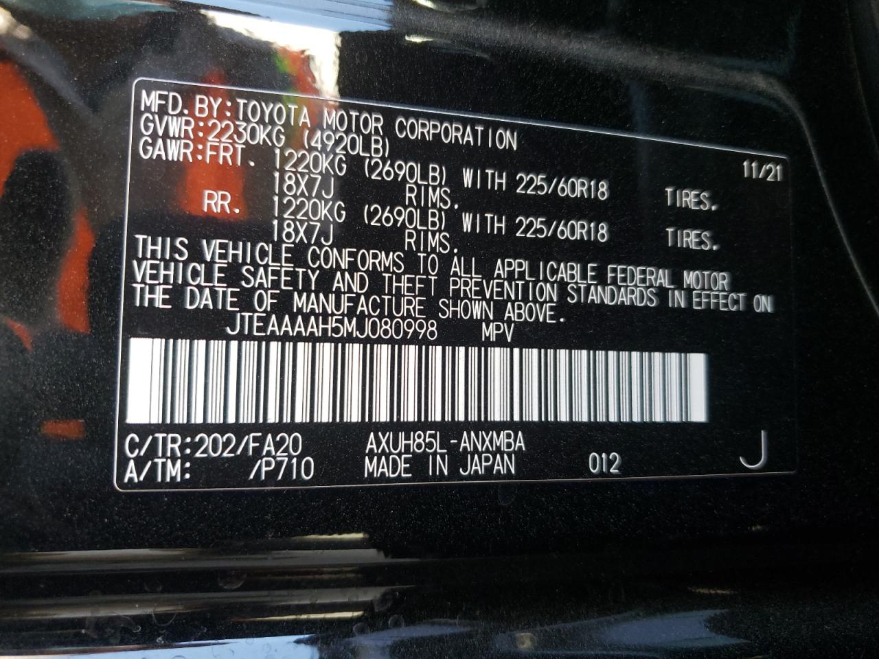 Photo 10 from auction – 2021 TOYOTA VENZA LE A with VIN JTEAAAAH5MJ080998