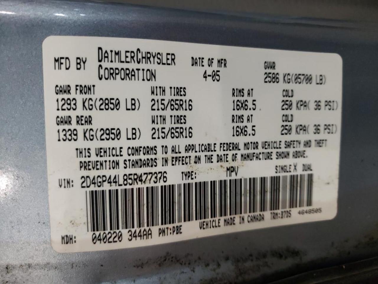 Photo 10 from auction – 2005 DODGE GRAND CARA with VIN 2D4GP44L85R477376