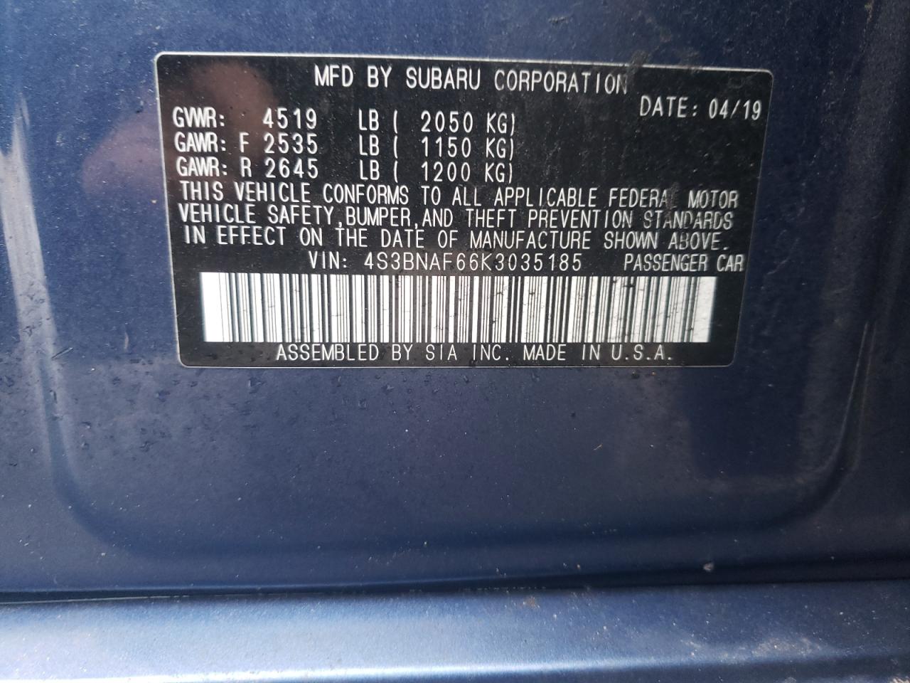 Photo 10 from auction – 2019 SUBARU LEGACY 2.5 with VIN 4S3BNAF66K3035185