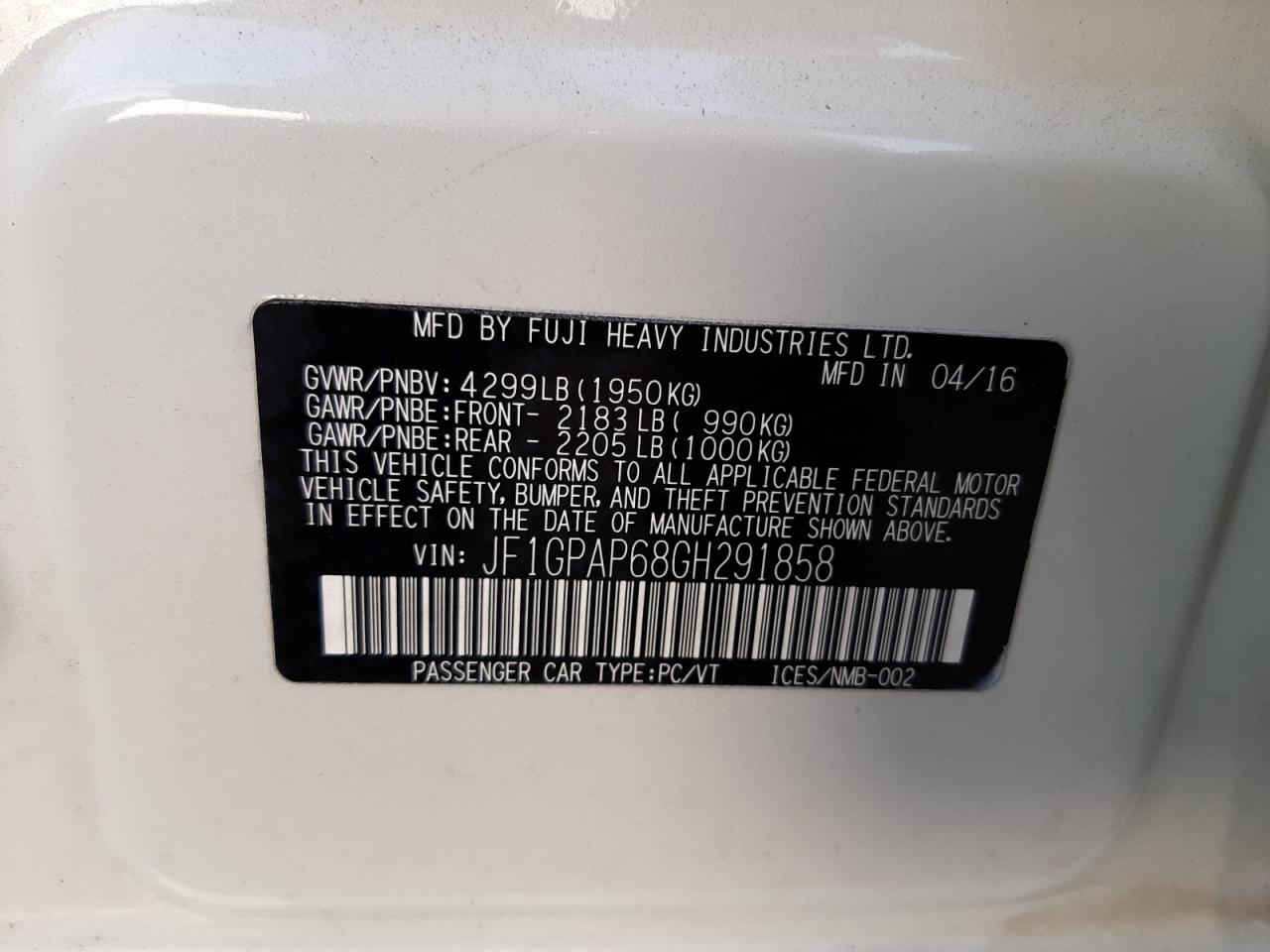 Photo 10 from auction – 2016 SUBARU IMPREZA SP with VIN JF1GPAP68GH291858
